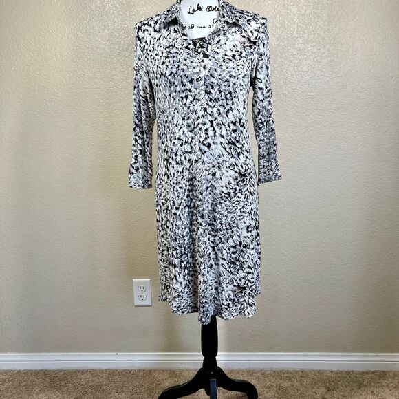 CAbi 822 Black White Grey Print Jersey Stretch Dress collar 3/4 sleeves party S - Picture 4 of 13